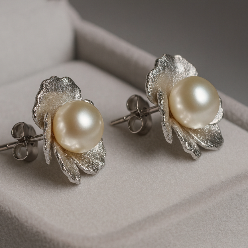 Silver Pearl Elegant Flower Studs earrings