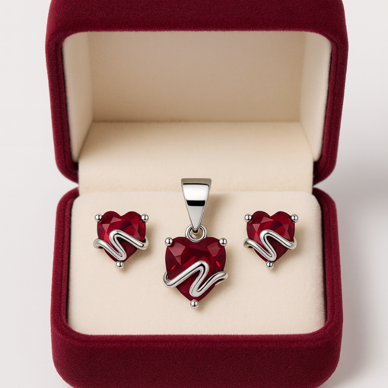 Silver Red Heart Love Pendant Set