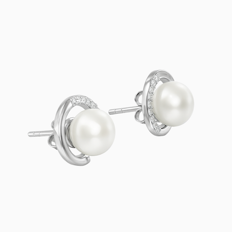 Silver Classy Pearl with Zircons Studs earrings