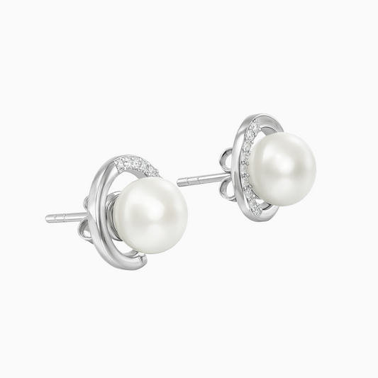 Silver Classy Pearl with Zircons Studs earrings