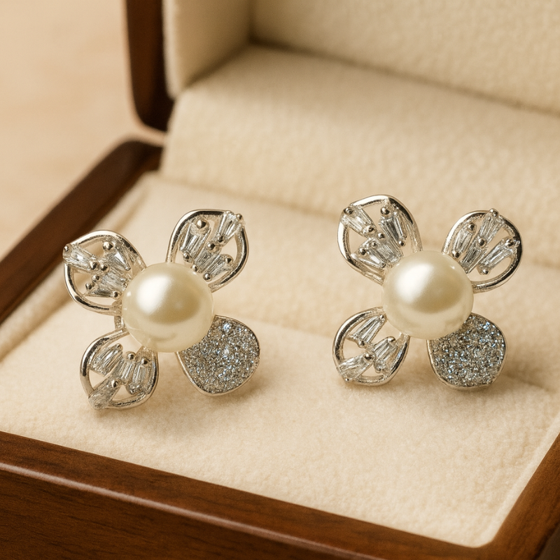 Silver Pearl with Floral Design Earrings