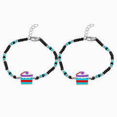 Silver Birthday Cake design Baby Bracelet with black beads (0-18 Months)