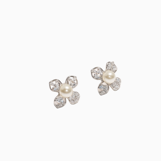 Silver Pearl with Floral Design Earrings