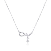 A silver infinity necklace with a small dangling star charm, shown on a clean white background.