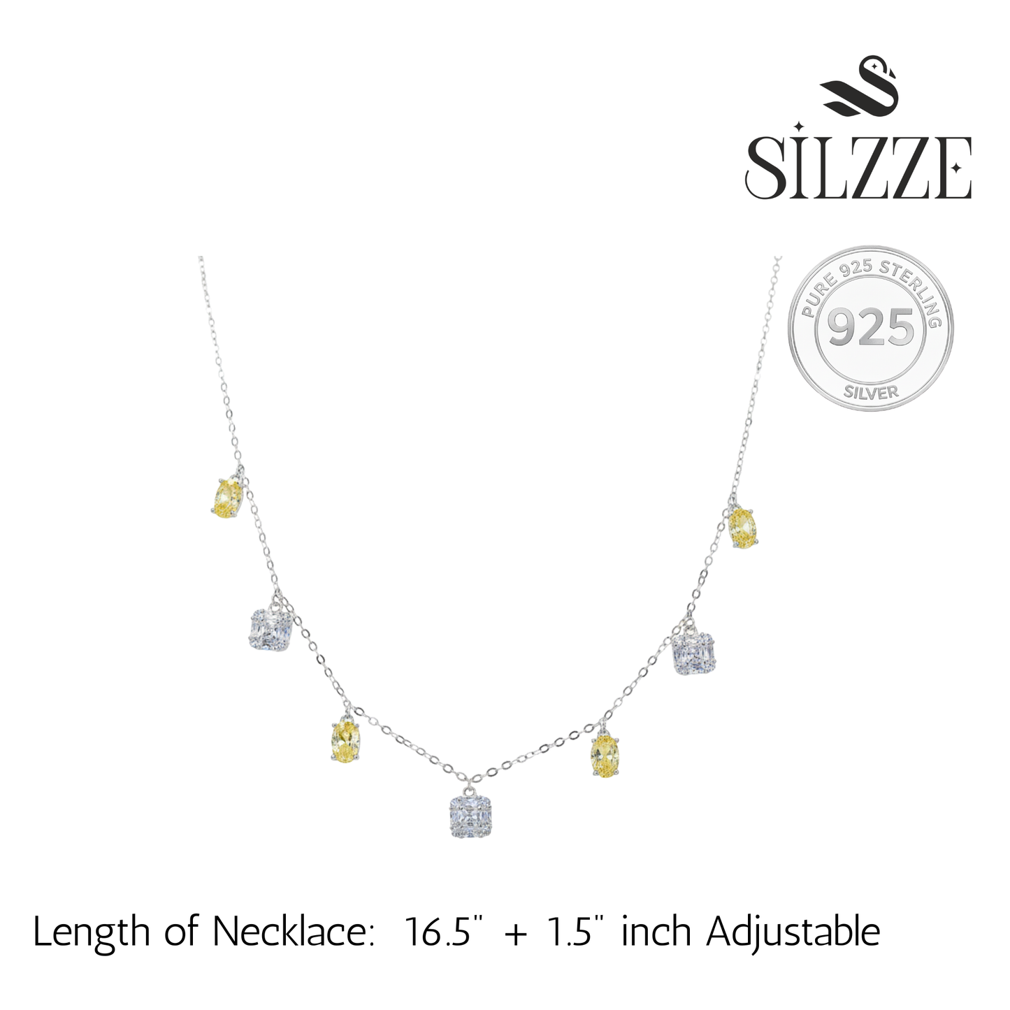 Silver Yellow and white CZ stones in Emerald cut Necklace