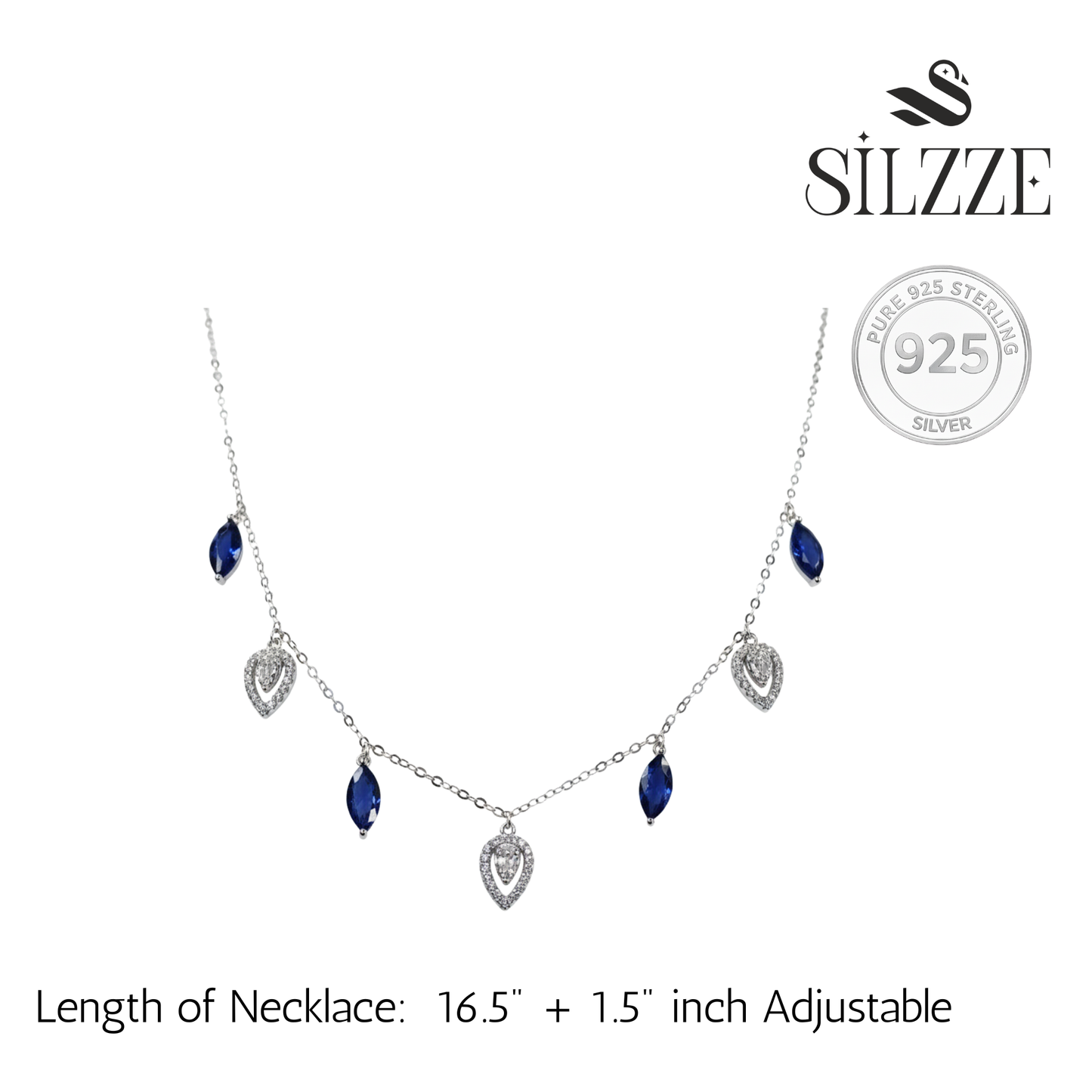 Silver Deep Blue Marquise & Teardrop Dangle Necklace for her