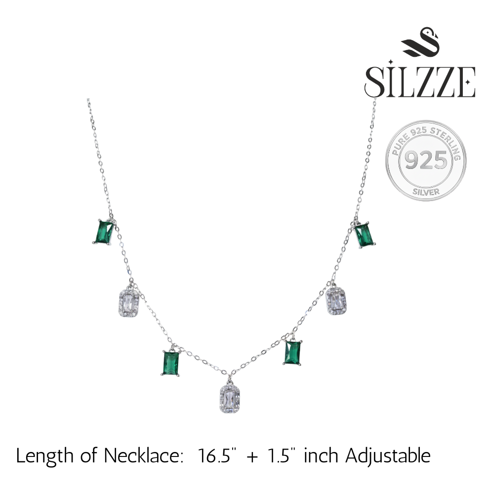 Silver Emerald and Cubic Zirconia Station Dangle Necklace
