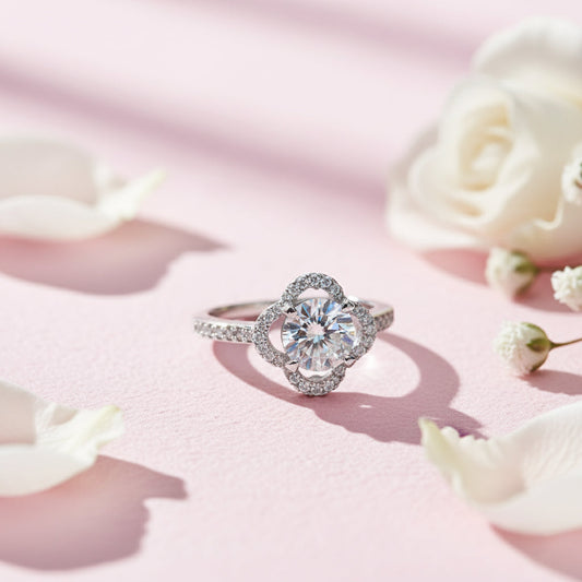 Silver Clover Halo Solitaire Engagement Ring
