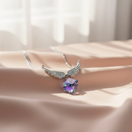 Silver Angel wings Sparkling Rainbow Crystal Pendant Necklace