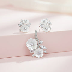 Silver Mother of pearl Bouquet Marquise CZ Pendant Set