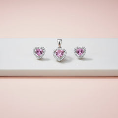 Silver Cute Pink Hearted Pendant Set for her