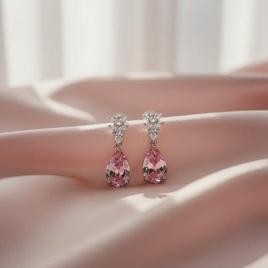 Silver Dusty Rose Teardrop Dangle Earrings