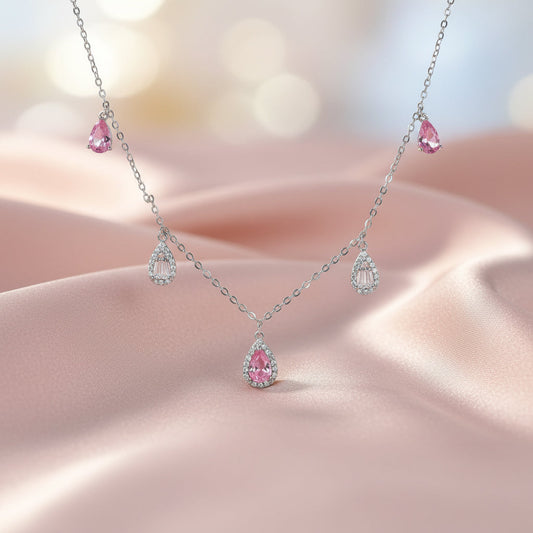 Silver Pink Stone Tear Drop Necklace