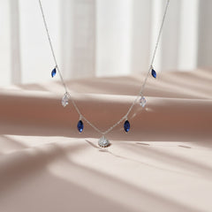 Silver Cascading Blue Marquise Drop Necklace