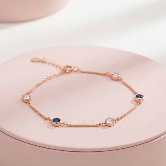 Rose gold Blue Sapphire and CZ Chain Bracelet for her