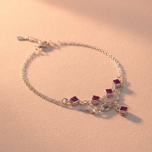 Silver Pink Double Layered Charm Bracelet with Infinity Knot