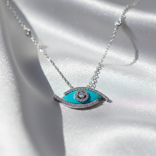Silver Elegant Evil Eye Blue Pendant Necklace