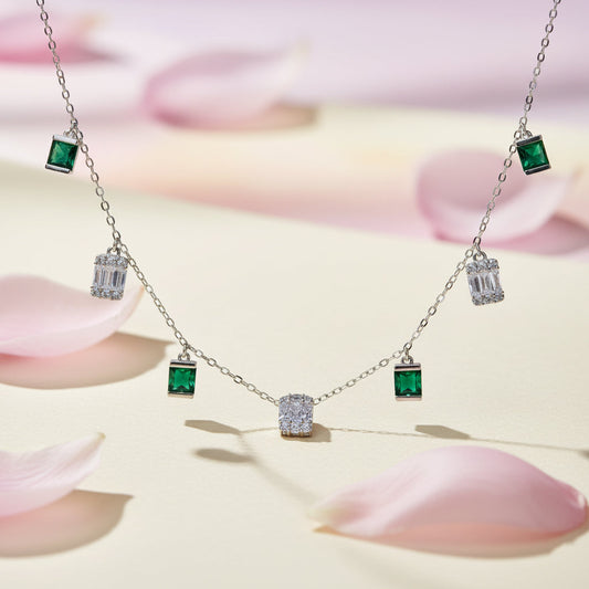 Silver Green Bar Pave Necklace