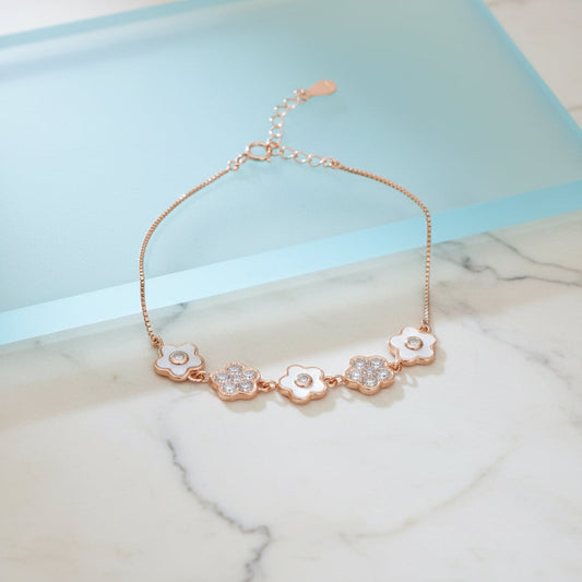 Rose gold Cute Flower Design Chain Bracelet With MOP & CZ Diamonds