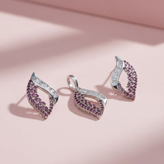 Silver Ruby Leaf Luxury Pendant & Earrings Set for her