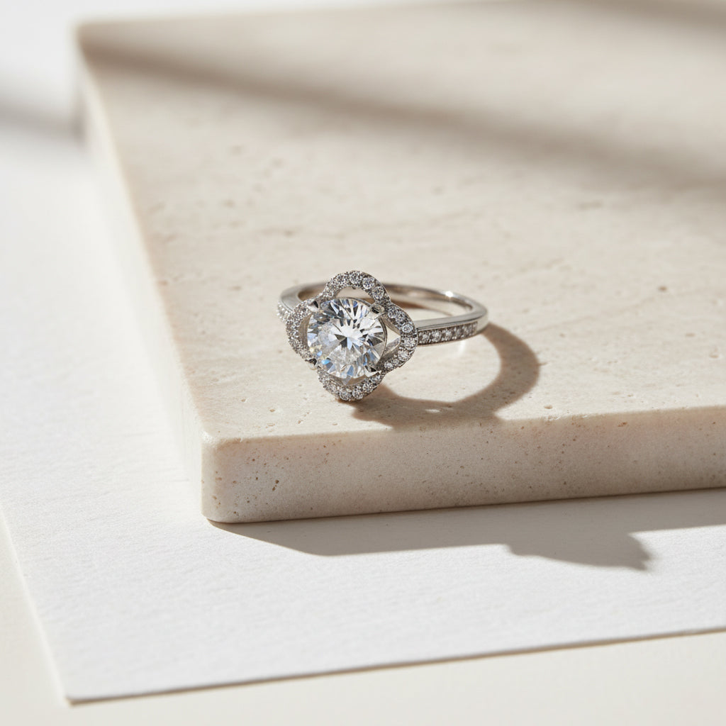 Silver Clover Halo Solitaire Engagement Ring