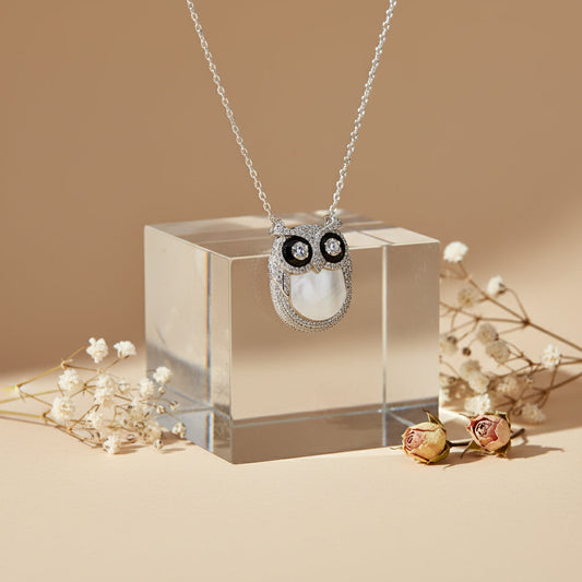 Silver Wise Owl Necklace pendant with Mother of Pearl and CZ