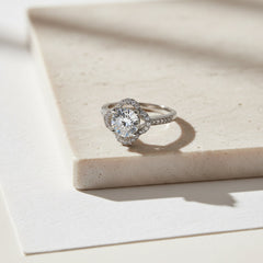 Silver Clover Halo Solitaire Engagement Ring