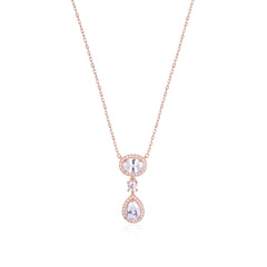 Rose gold plated 925 sterling silver necklace featuring a double drop pendant with a micro-pave halo surrounding brilliant oval and pear-cut clear gemstones on a delicate link chain
