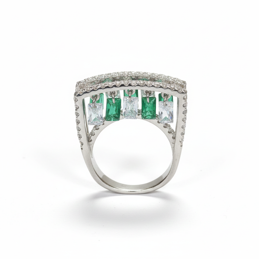 Silver Emerald Inspired Hanging Tassel Ring For Her