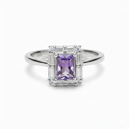 Silver Radiant Halo Purple Baguette ring for her