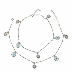 Silver Evil eye and Sun charms Anklet