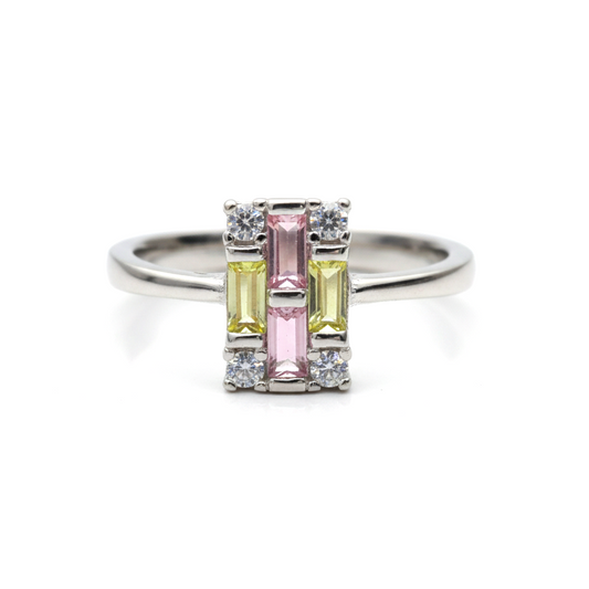 Silver Yellow & Pink Cluster Halo Ring For Her
