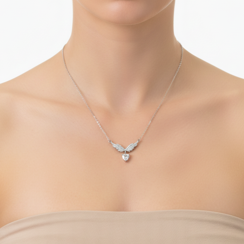 Silver Angel Wings Heart Chain Pendant