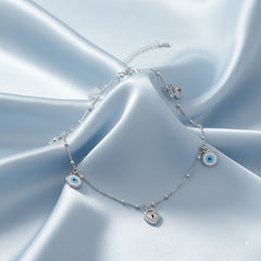 925 Silver Heart Padlock and Evil Eye Charm Anklet