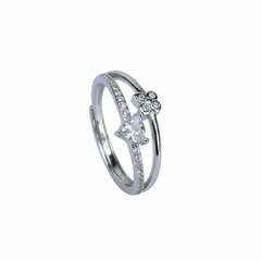 Silver Romantic Heart & Butterfly Diamond-Look Adjustable Dual-Band Ring