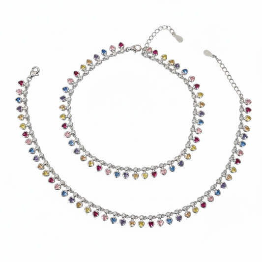 Silver Multicoloured Heart Drop Anklet