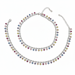 Silver Multicoloured Heart Drop Anklet