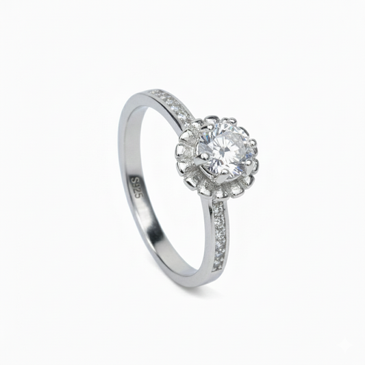 Silver Solitaire Crown Ring