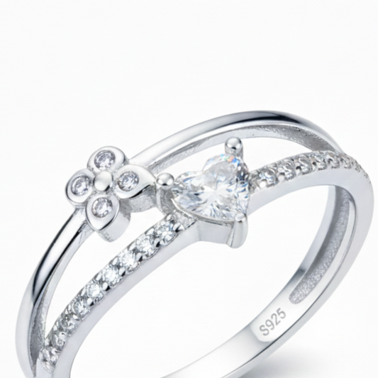 Silver Romantic Heart & Butterfly Diamond-Look Adjustable Dual-Band Ring