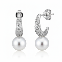 Silver Crescent shaped Pearl drop earrings in Bali pattern