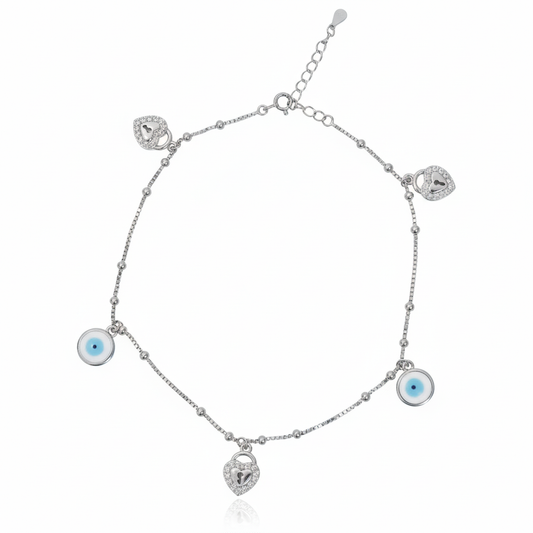 925 Silver Heart Padlock and Evil Eye Charm Anklet