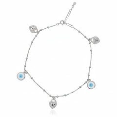 925 Silver Heart Padlock and Evil Eye Charm Anklet