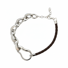 925 Silver Pave Link & Braided Leather Statement Bracelet