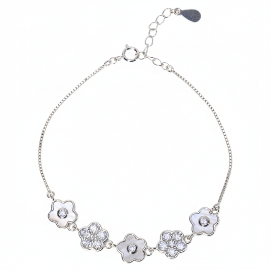 Silver Cute Flower Design Chain Bracelet With MOP & CZ Diamonds
