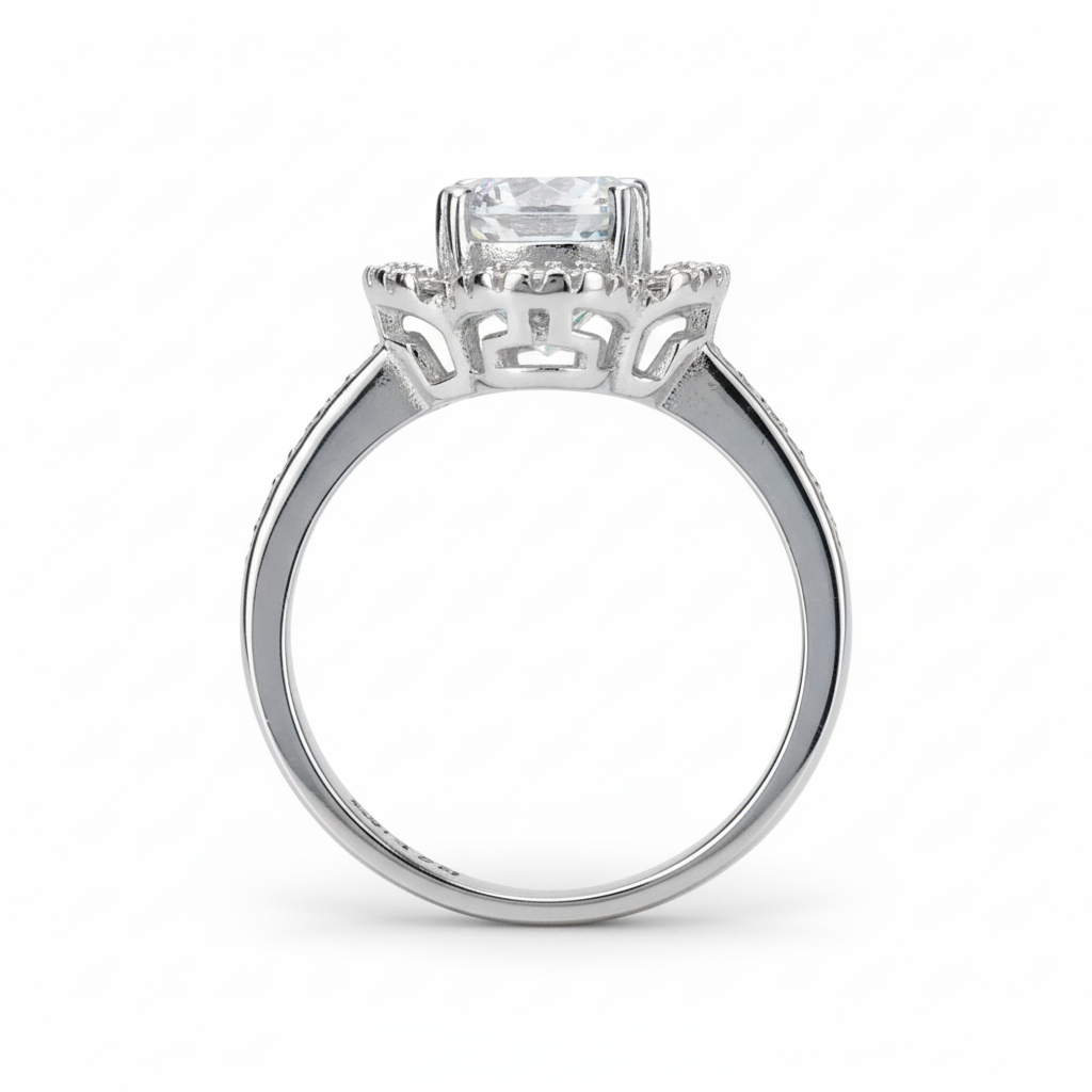 Silver Clover Halo Solitaire Engagement Ring