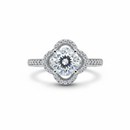 Silver Clover Halo Solitaire Engagement Ring