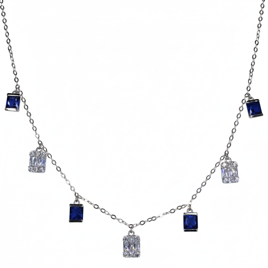 Silver Sapphire Blue Baguette Necklace