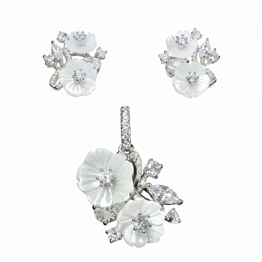 Silver Mother of pearl Bouquet Marquise CZ Pendant Set