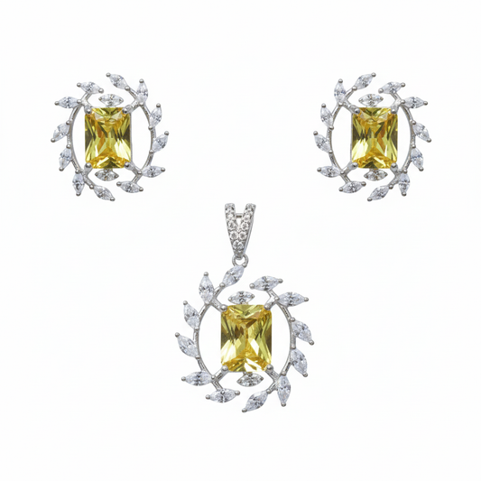 Silver Yellow twilight Marquise stone Pendant set