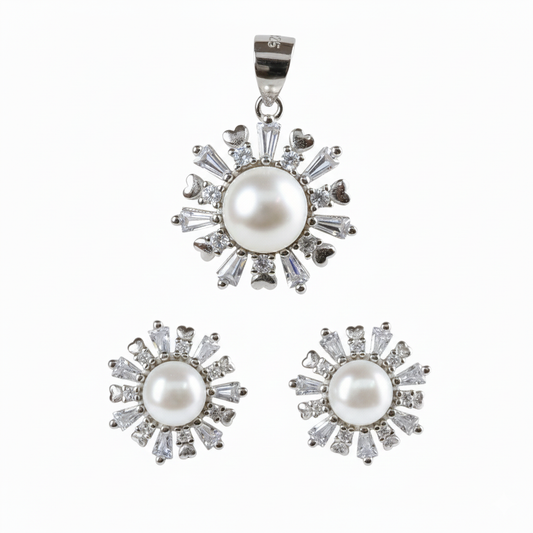 Silver Heart Radiant sunshine Pearl Pendant set